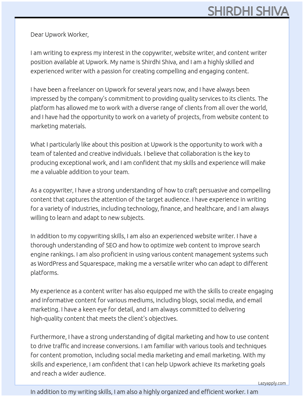 Cover letter for copywriter,websitewriter,content writer - LazyApply