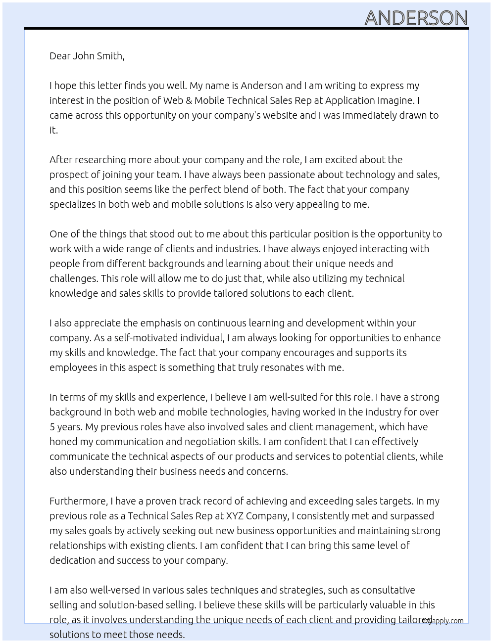 Web & Mobile Technical Sales Rep At Application Imagine Cover Letter