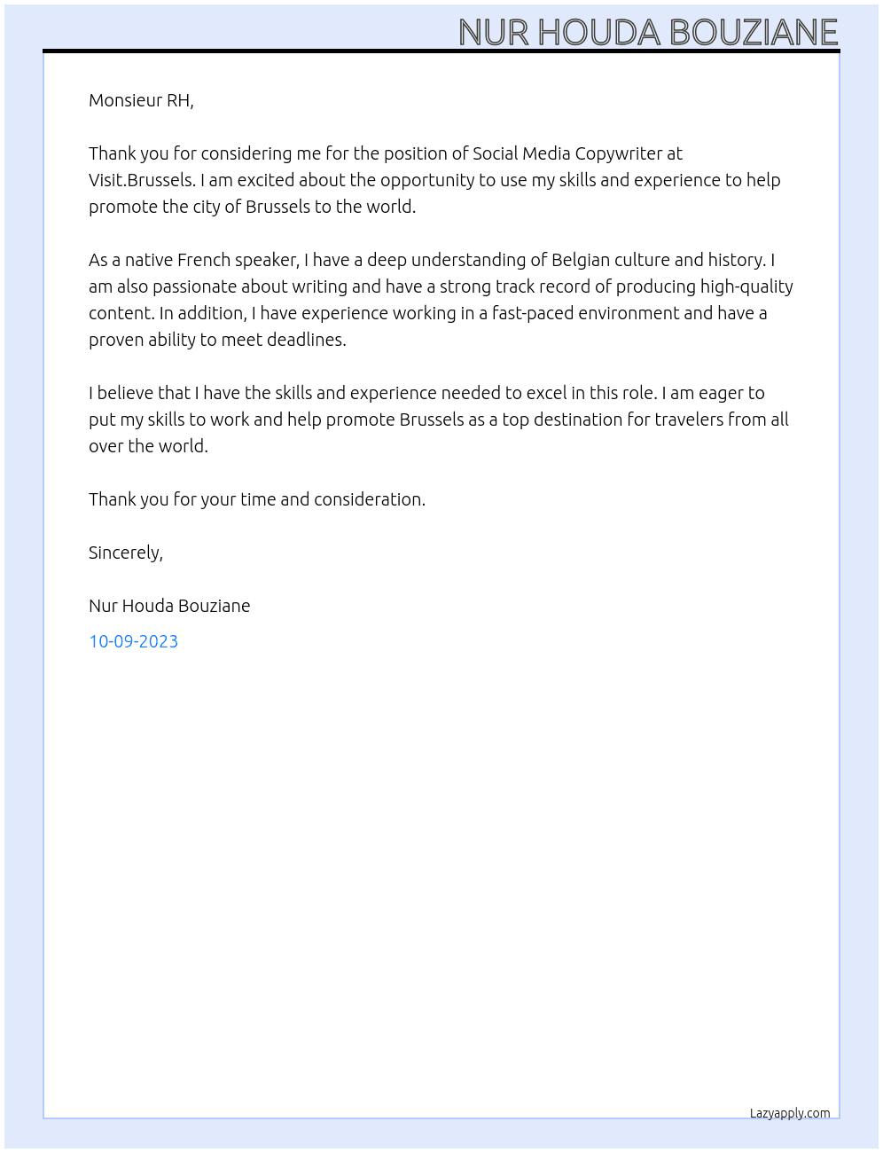 Social media copywriter  At Visit.Brussels  Cover Letter