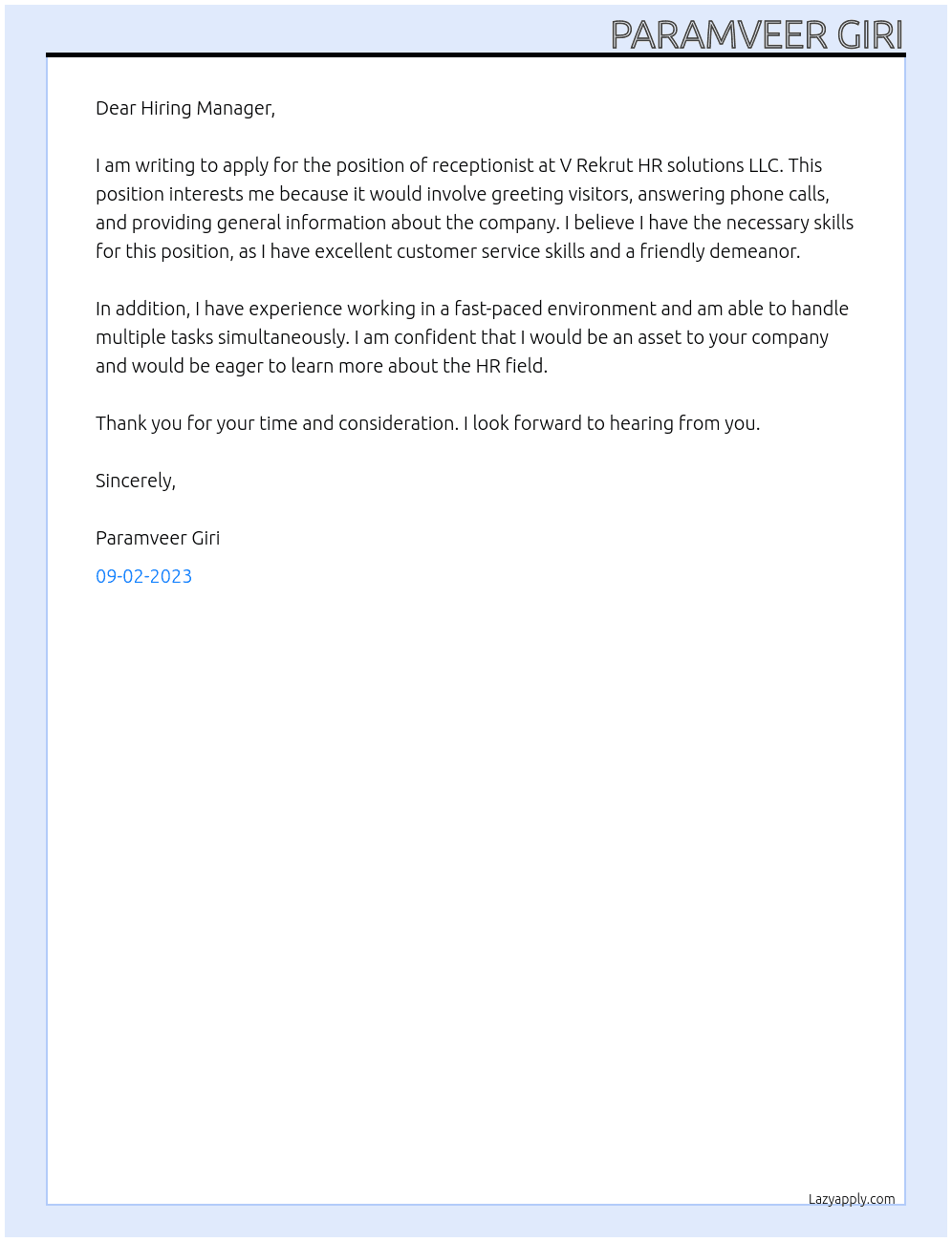 Receptionist At V Rekrut HR solutions LLC Cover Letter