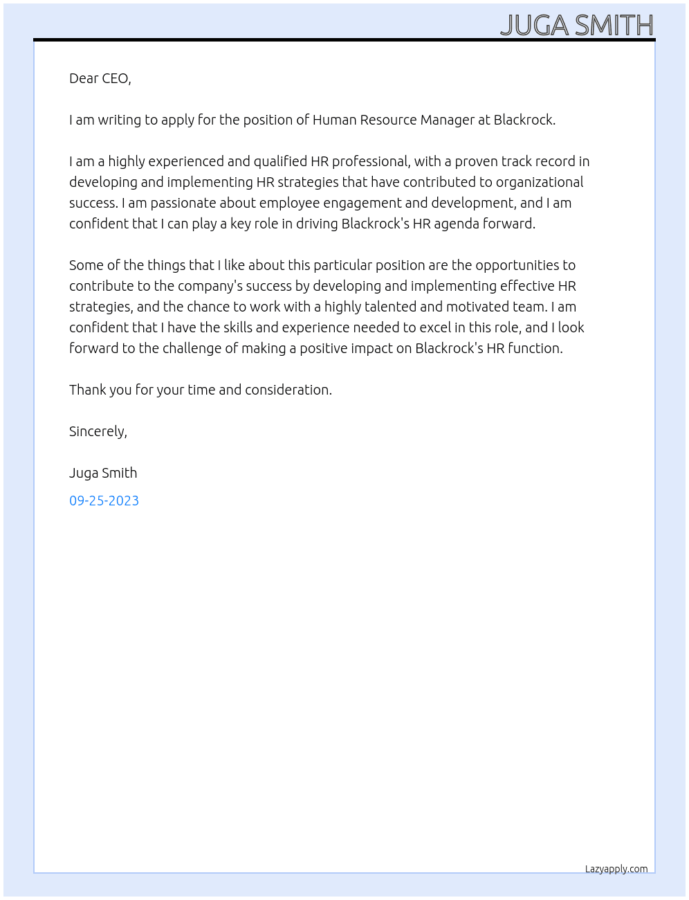 Human Resource Manager At Blackrock Cover Letter