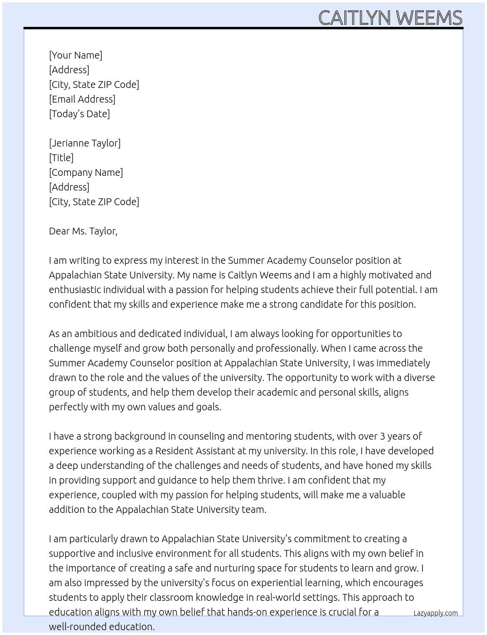 Summer Academy Counselor At Appalachian State University Cover Letter