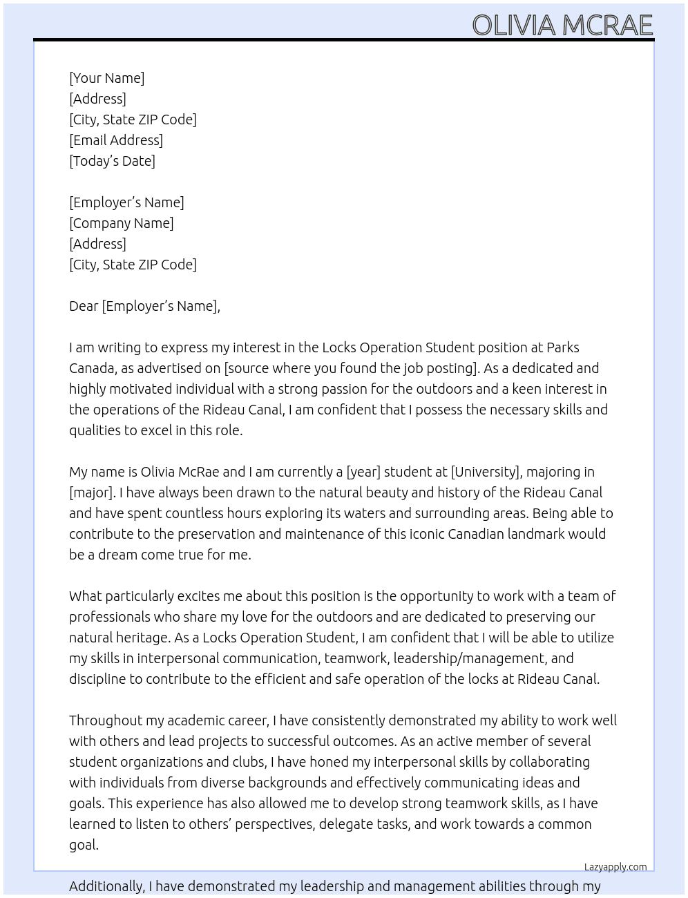 Locks operation student At Parks Canada Cover Letter