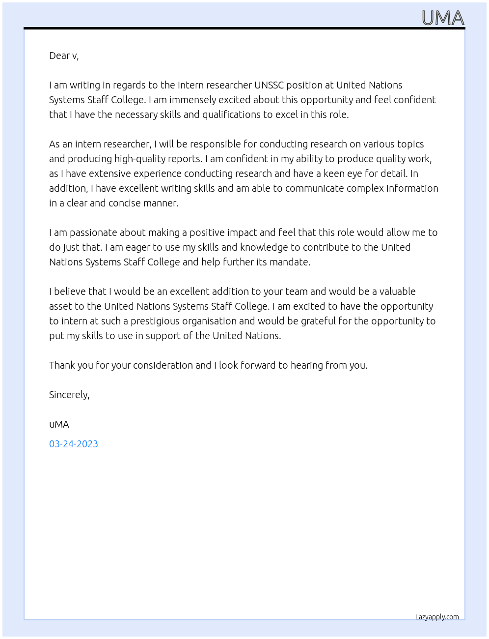 Intern researcher UNSSC At United Nations Systems Staff College Cover Letter
