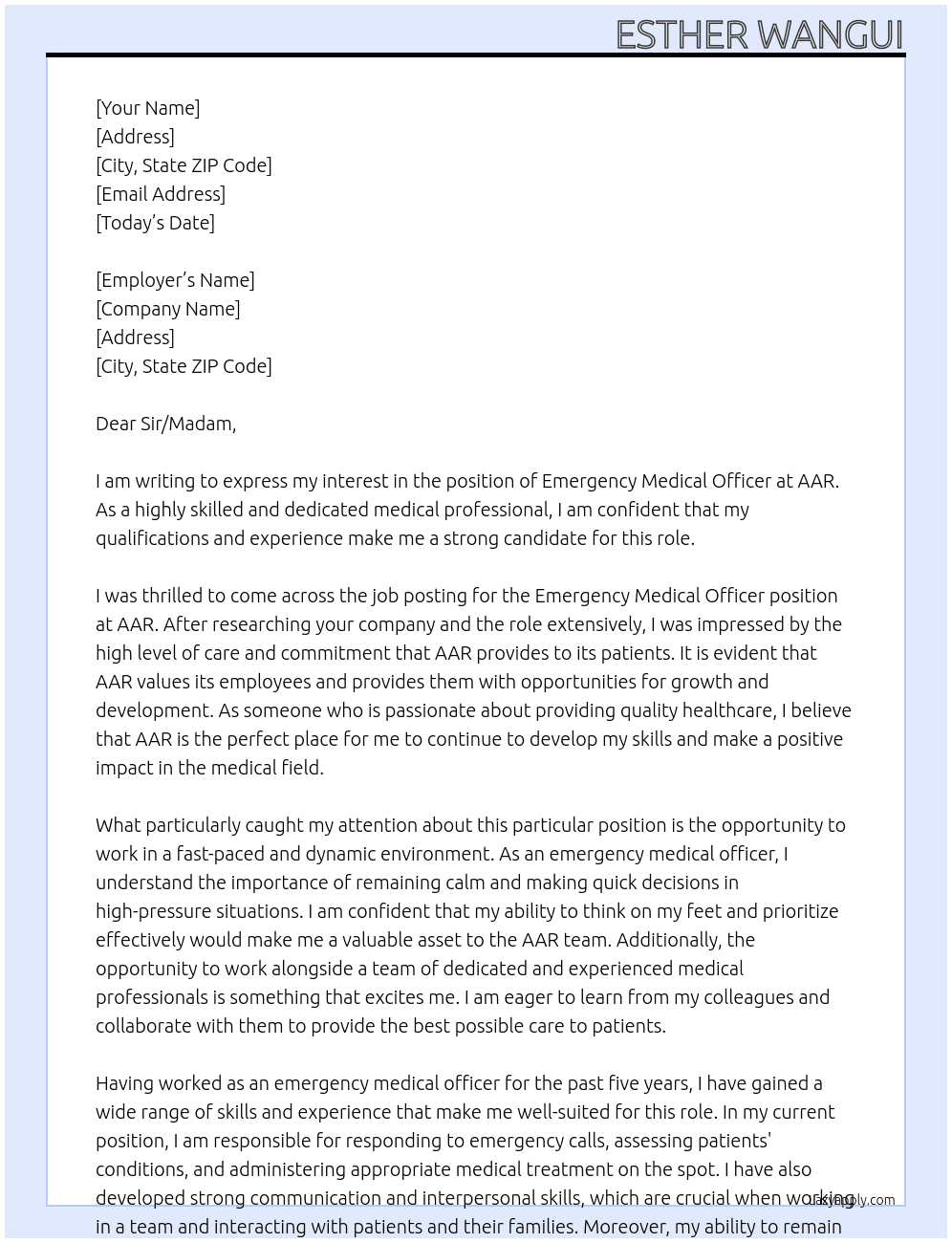 Emergency medical officer At AAR Cover Letter
