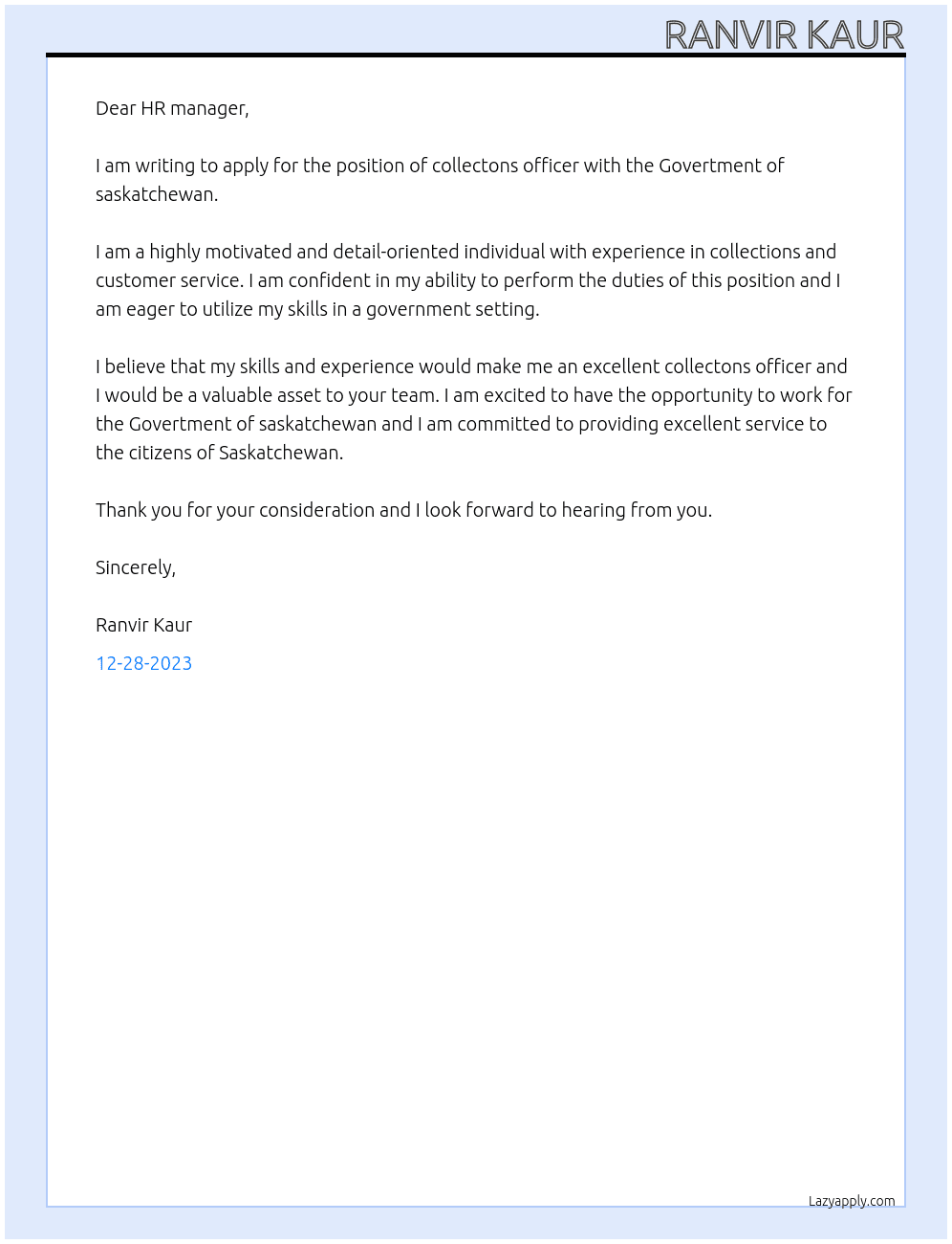 collectons officer At Govertment of saskatchewan Cover Letter