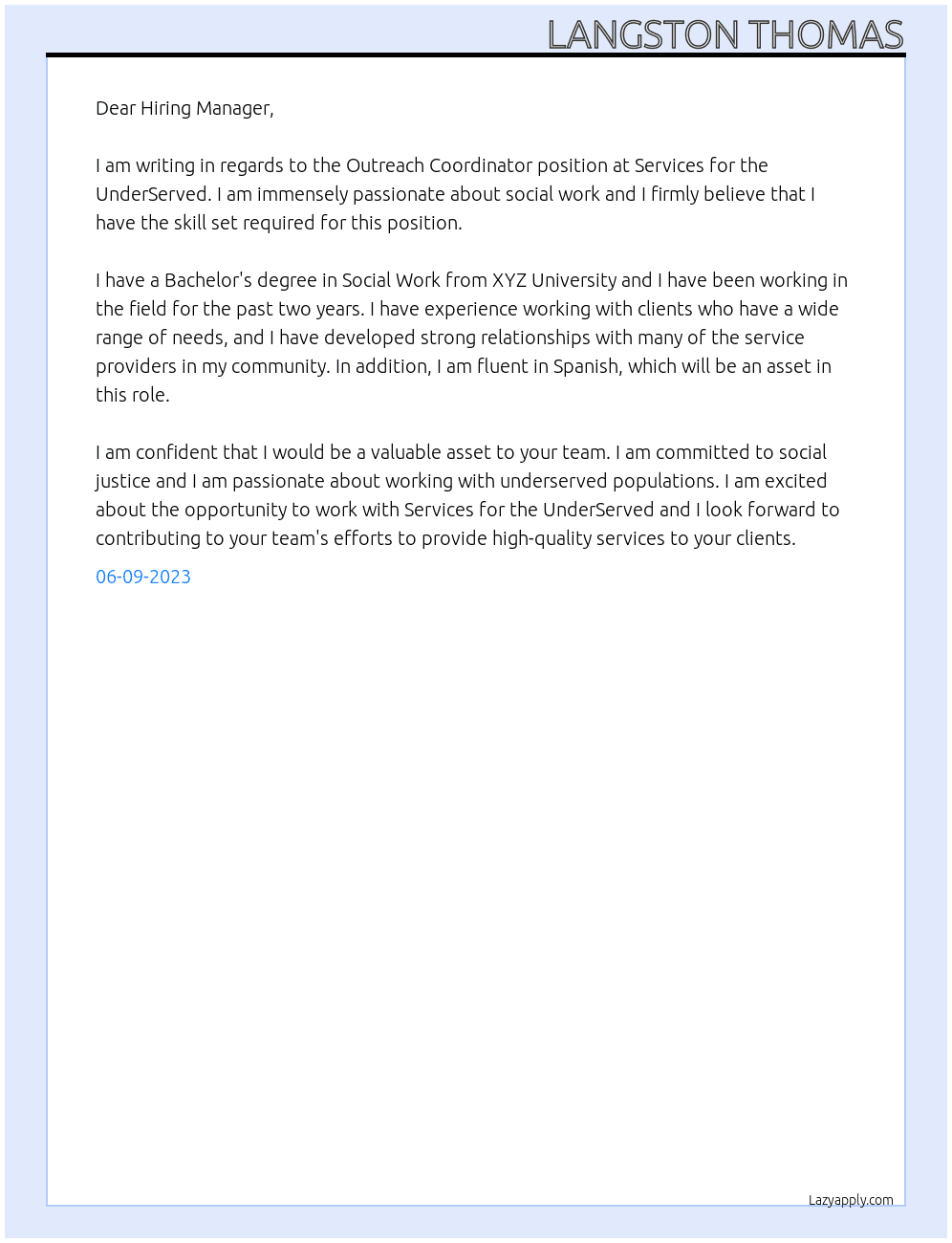 Outreach Coordinator At Services for the UnderServed Cover Letter