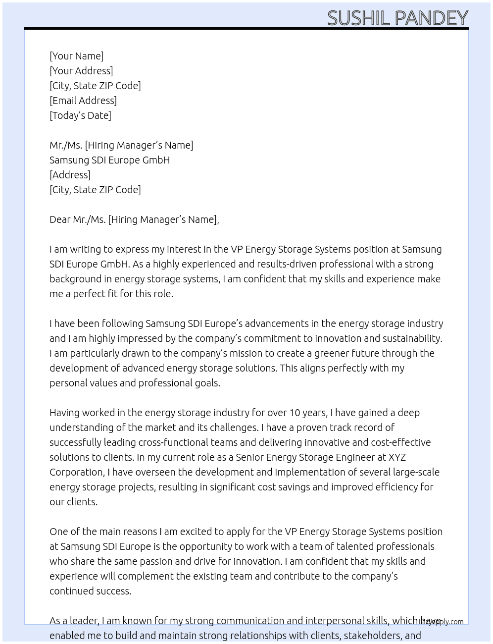 VP Energy Storage Systems  At Samsung SDI Europe GmbH Cover Letter