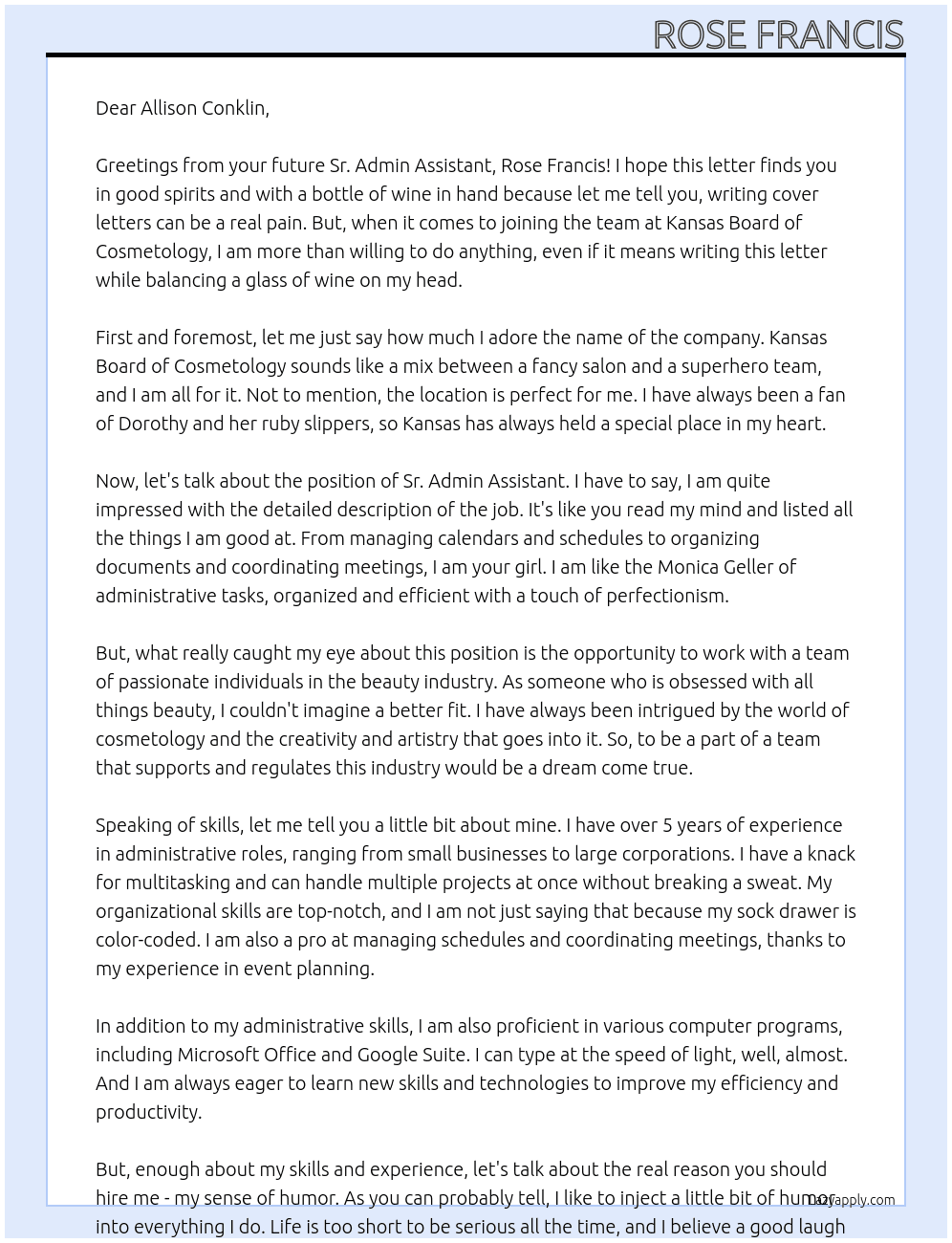 Sr Admin Assistant At Kansas Board of Cosmetology Cover Letter