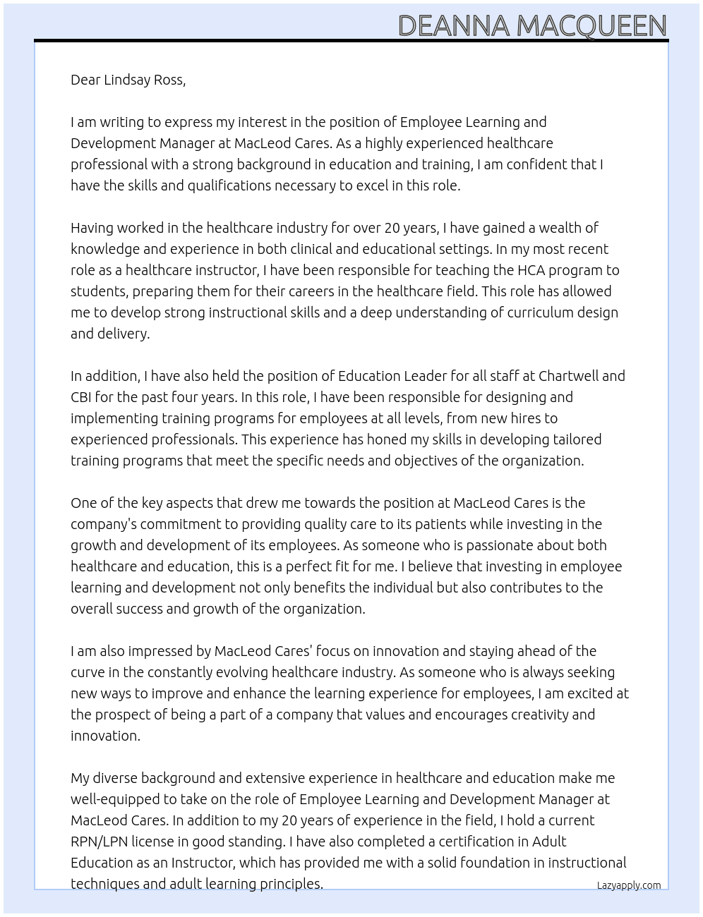 Employee Learning and Development Manager At MacLeod Cares Cover Letter