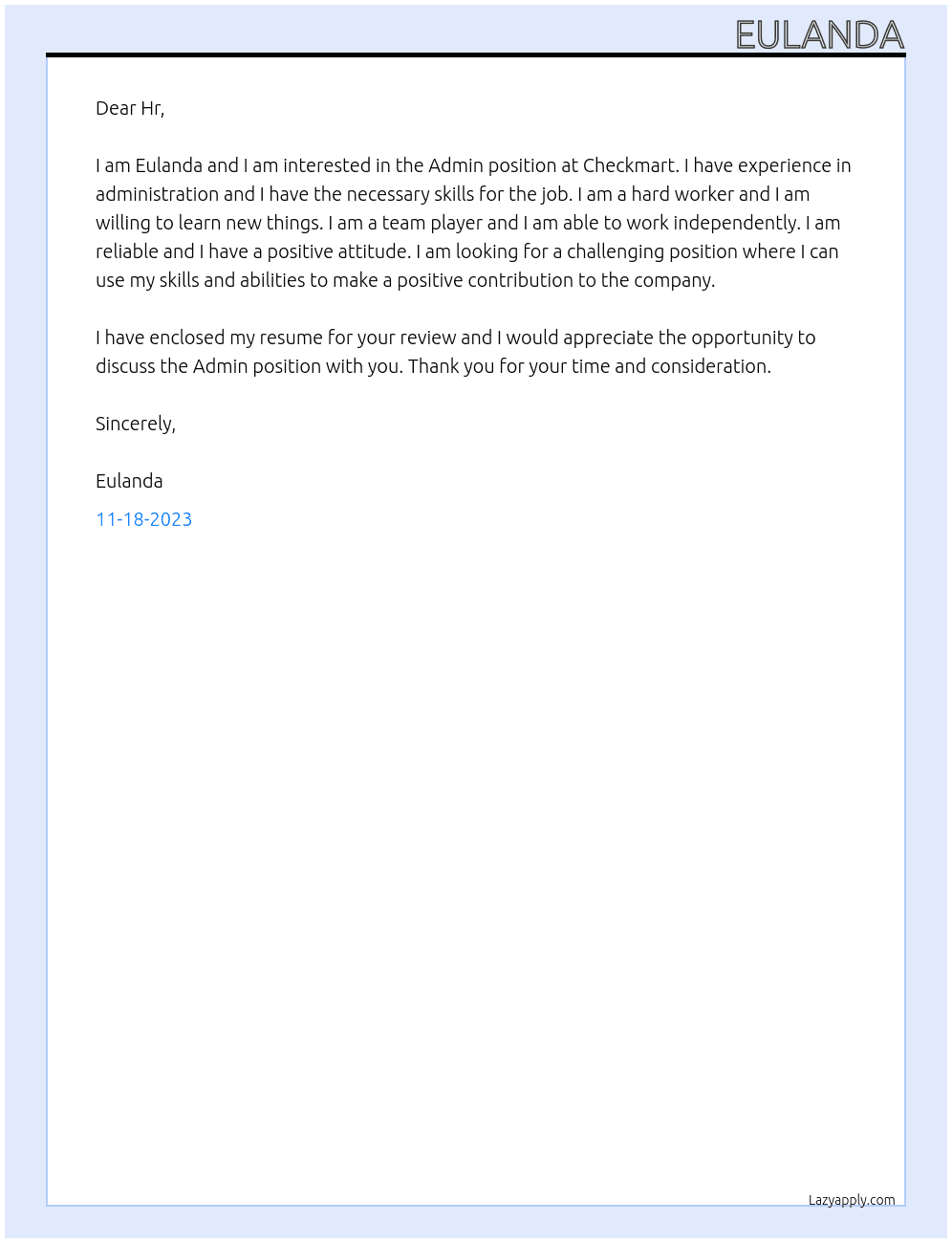 Admin At Checkmart  Cover Letter