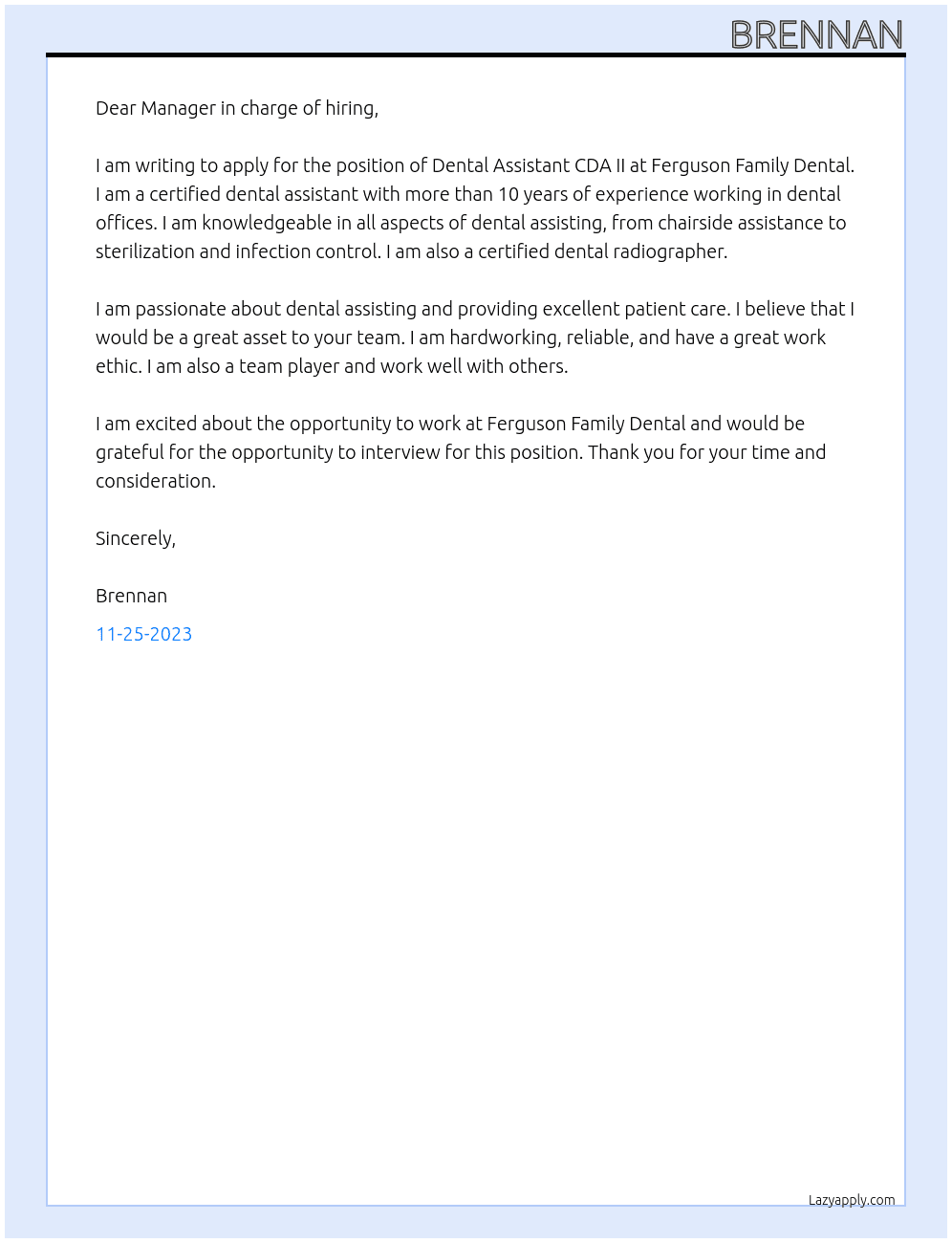 Dental Assistant CDA II At Ferguson Family Dental Cover Letter