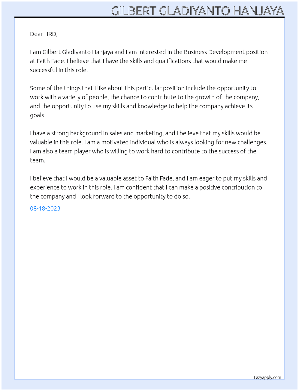 Business Development At Faith Fade Cover Letter