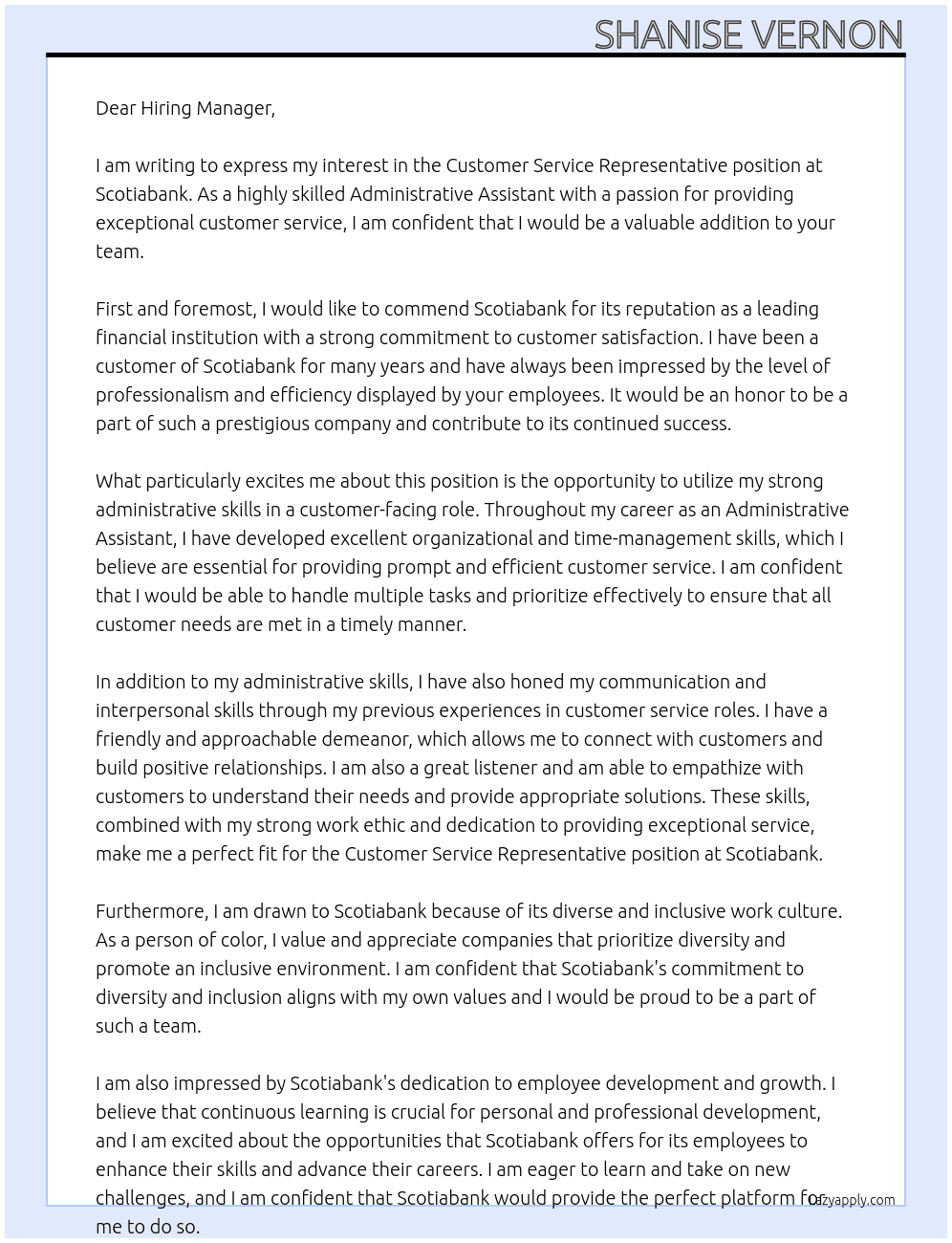 Customer Service representative  At Scotiabani  Cover Letter