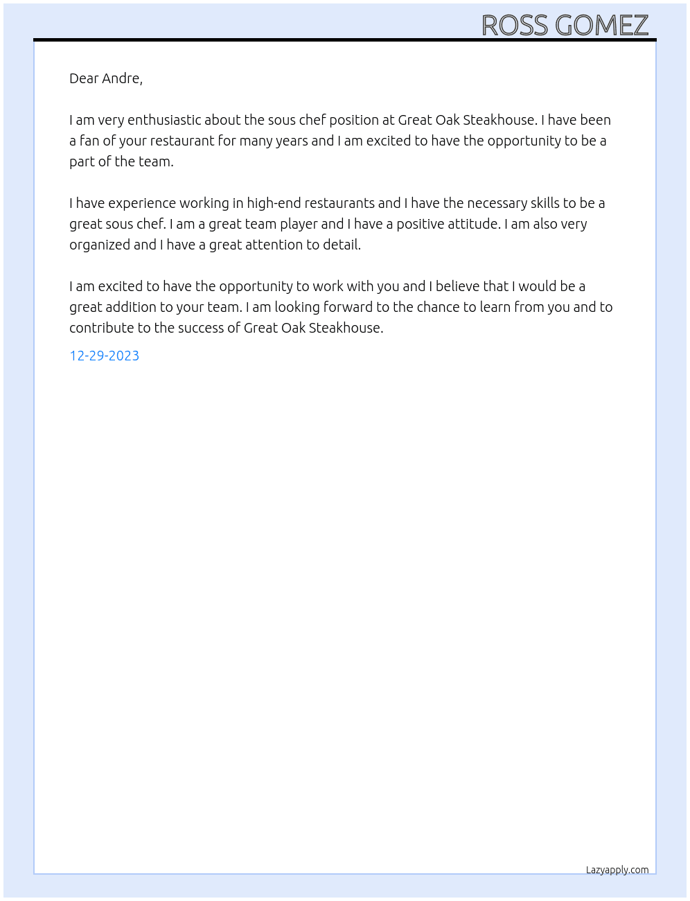Souz chef At Great oak steakhouse  Cover Letter