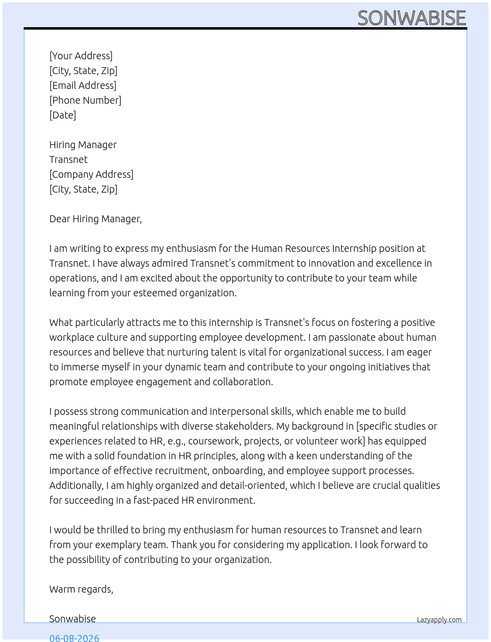 Human Resources Internship At Transnet Cover Letter
