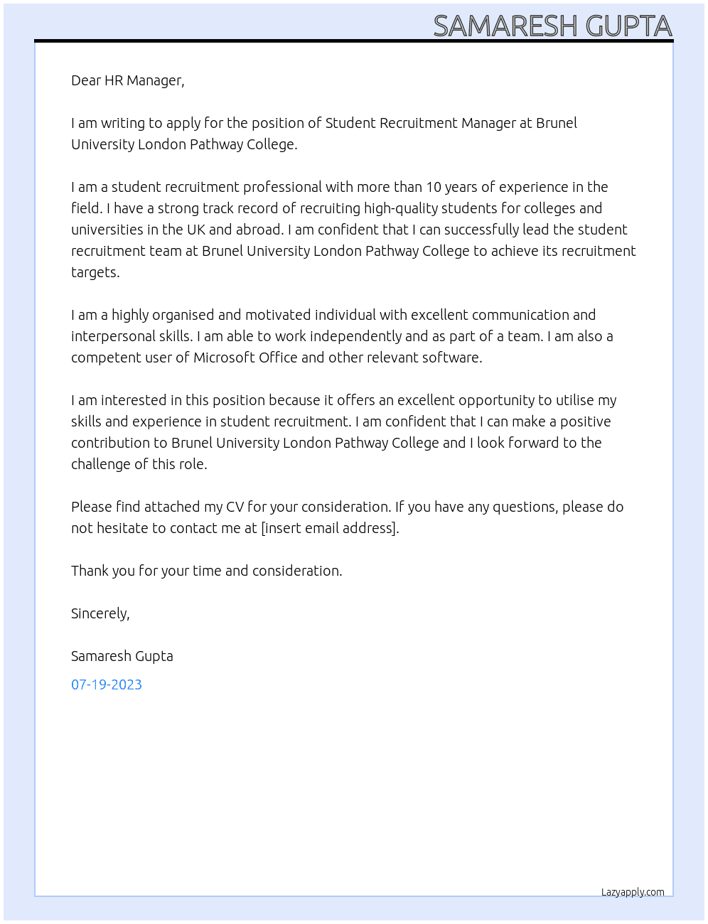 Student Recruitment Manager, Brunel University London Pathway College At Navitas Cover Letter