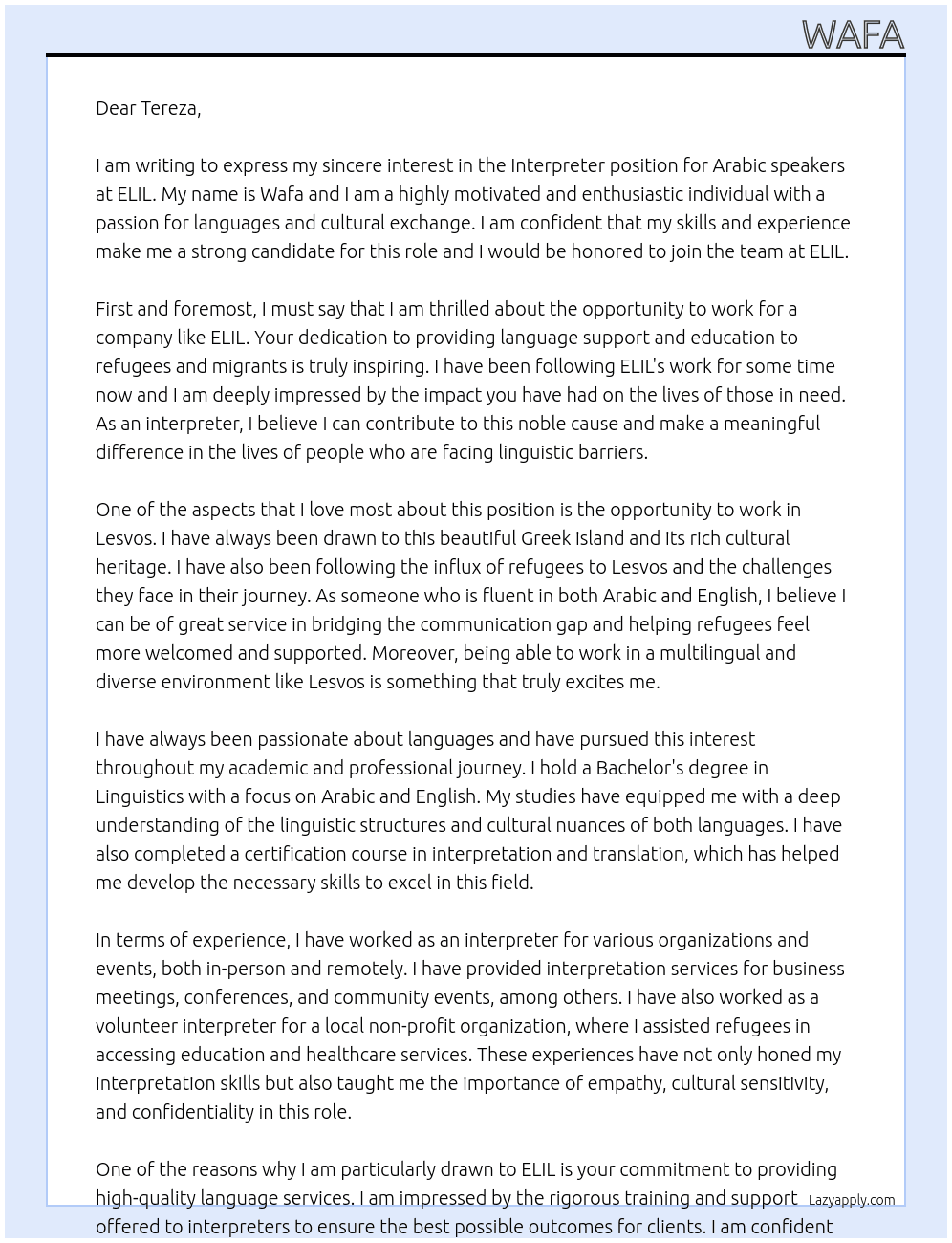 Interpreter in Arabic  At ELIL Cover Letter