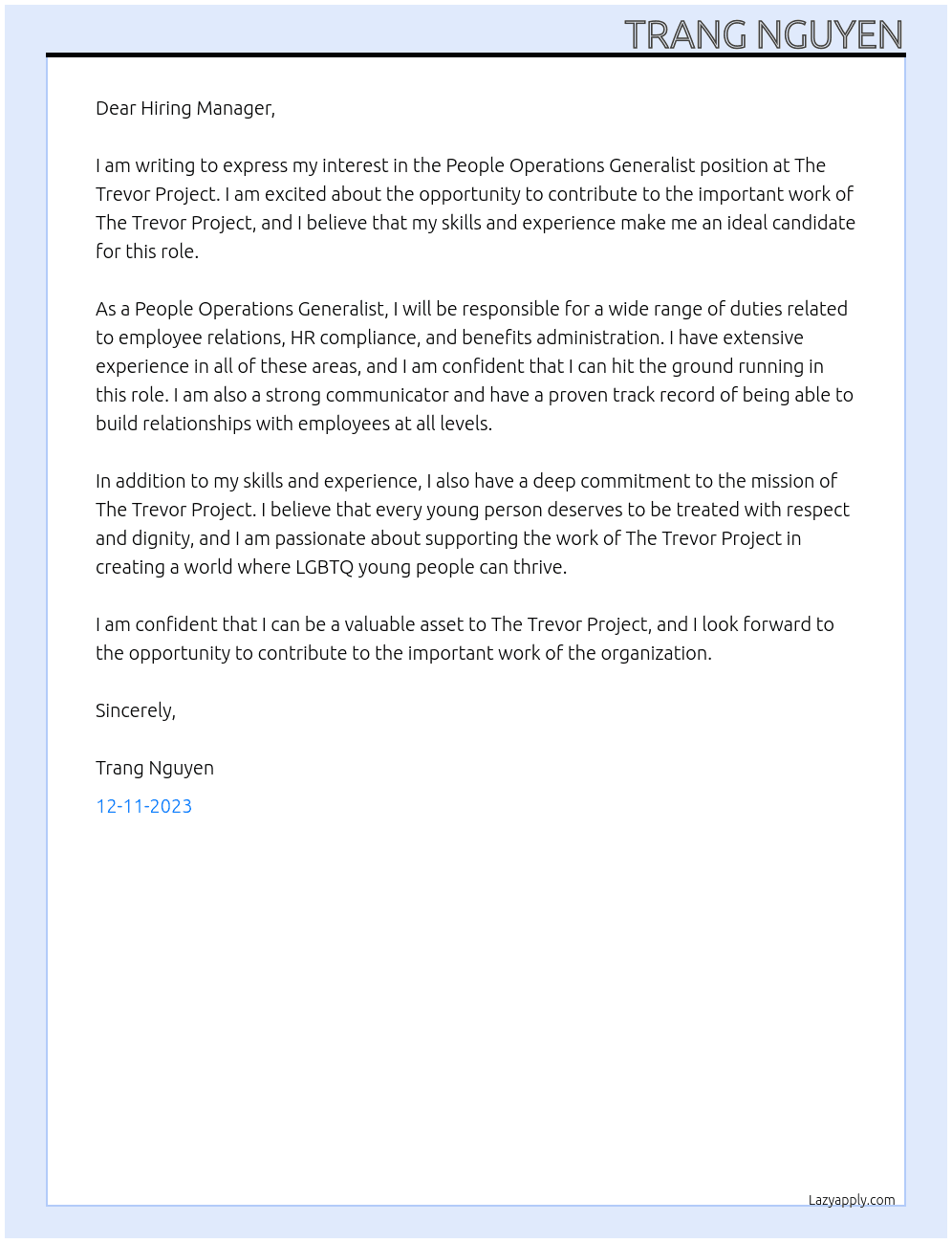 People Operations Generalist At The Trevor Project Cover Letter
