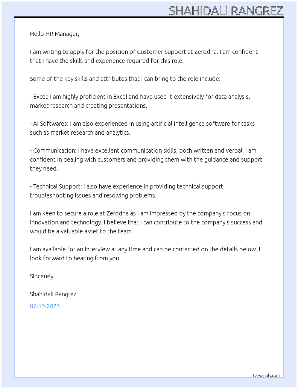 Customer Support  At Zerodha  Cover Letter
