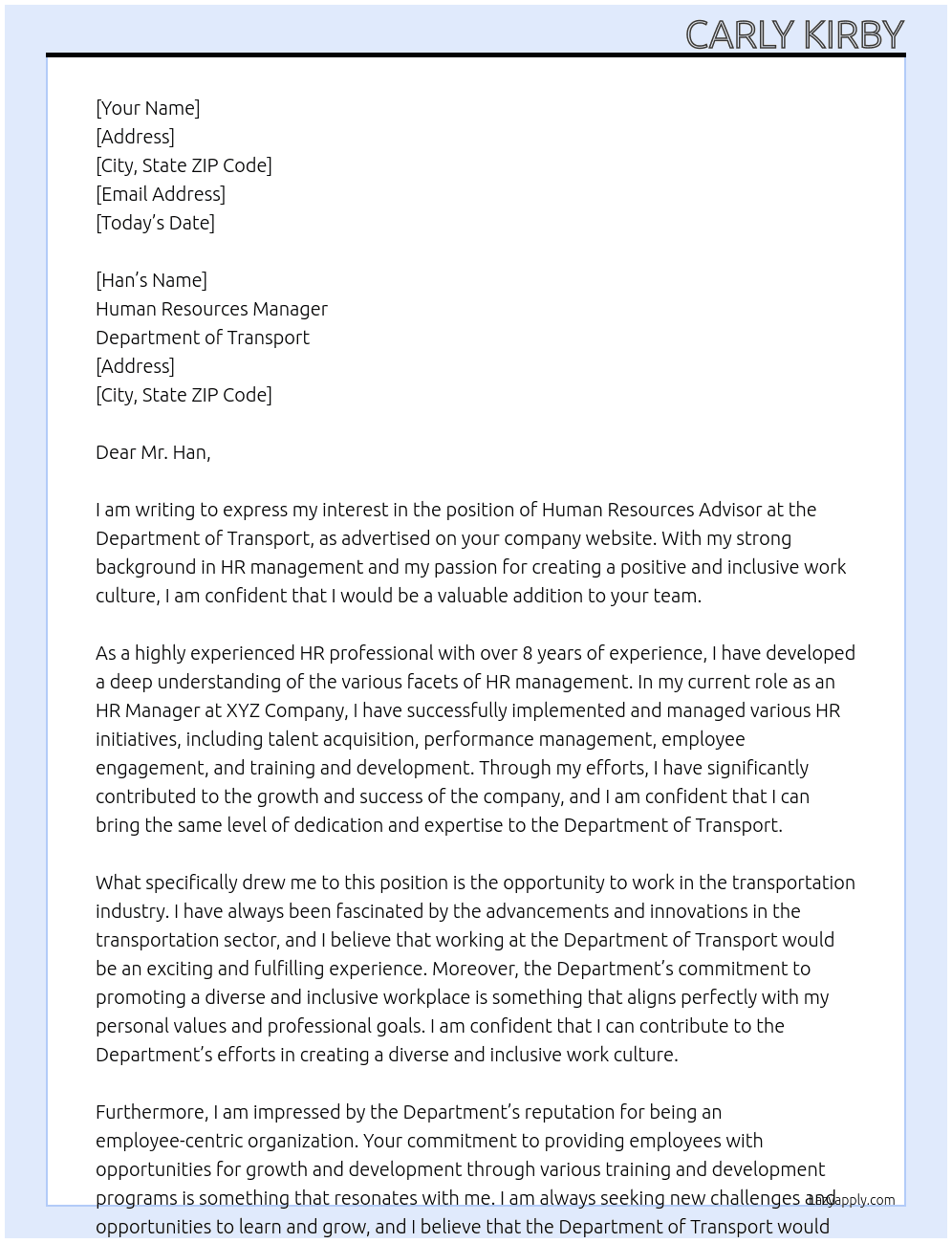 human resources advisor At Department of Transport Cover Letter