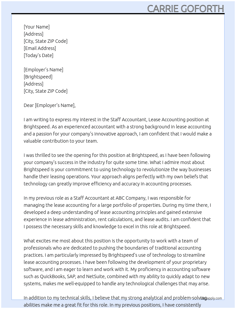 Staff Accountant, Lease Accounting At Brightspeed Cover Letter