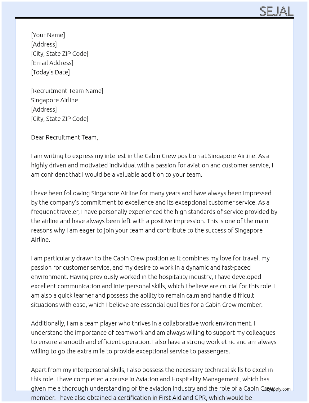cabin crew At singapore airline  Cover Letter