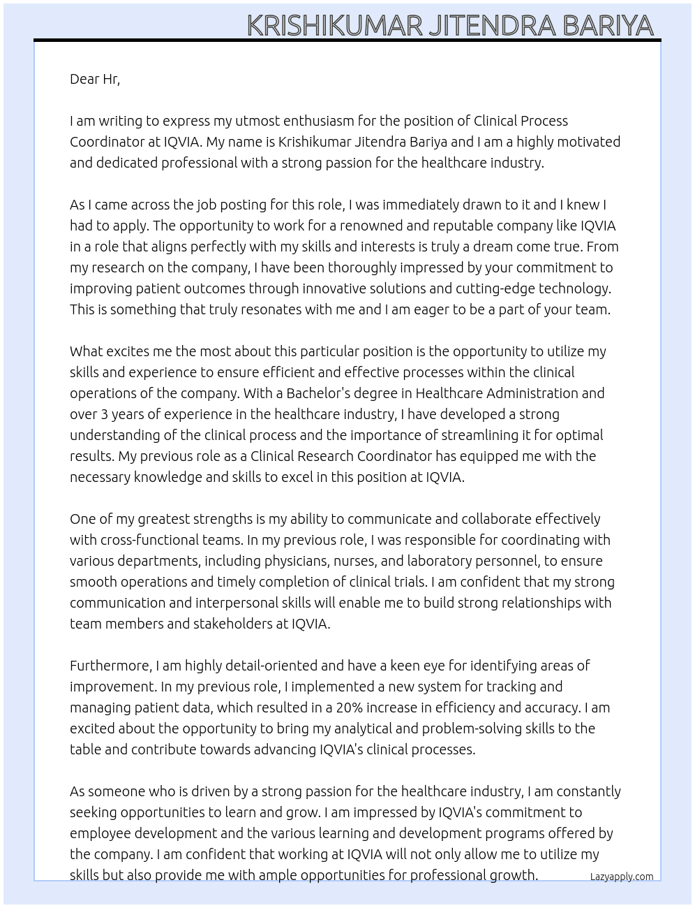 Clinical Process Coordinator At IQVIA Cover Letter