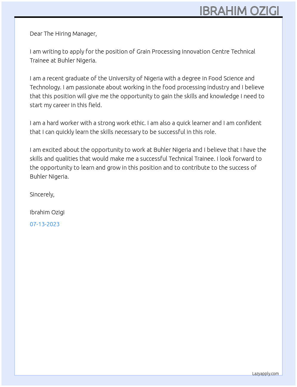 Grain Processing Innovation Centre Technical Trainee At Buhler Nigeria Cover Letter