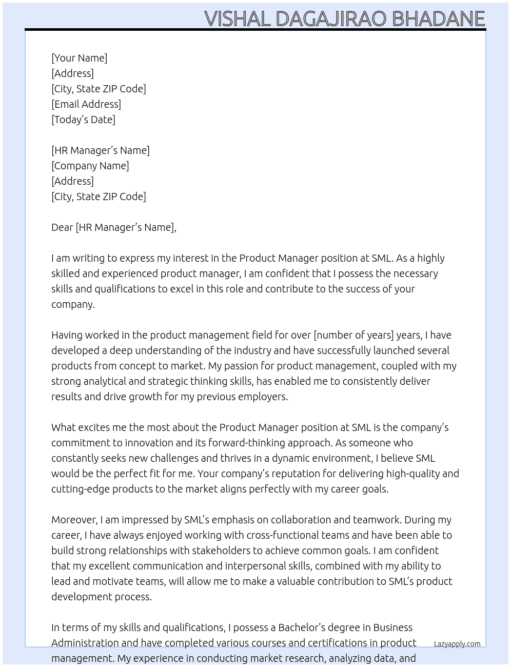 Product manager  At SML Cover Letter