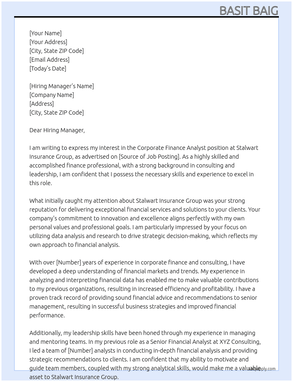 Corporate Finance Analyst At Stalwart Insurance Group Cover Letter