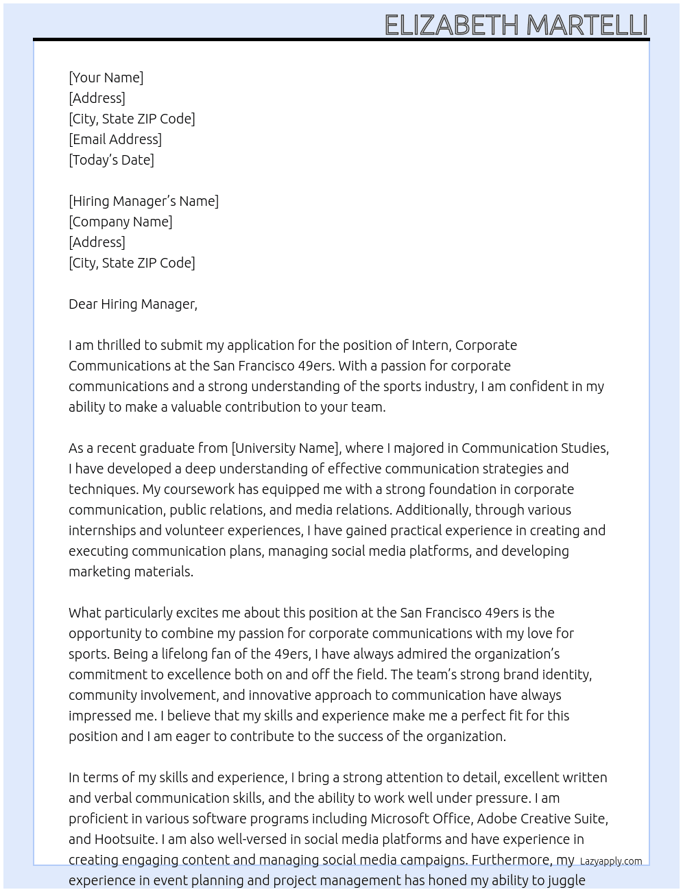 Intern, Corporate Communications At San Francisco 49ers Cover Letter