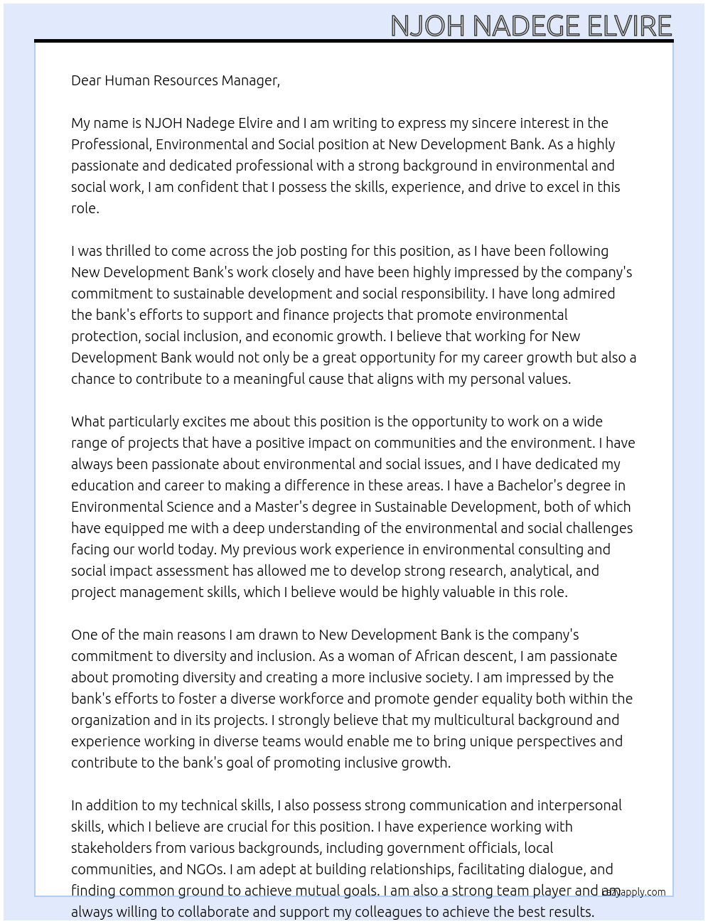 Professional, Environmental and Social  At New Development Bank Cover Letter