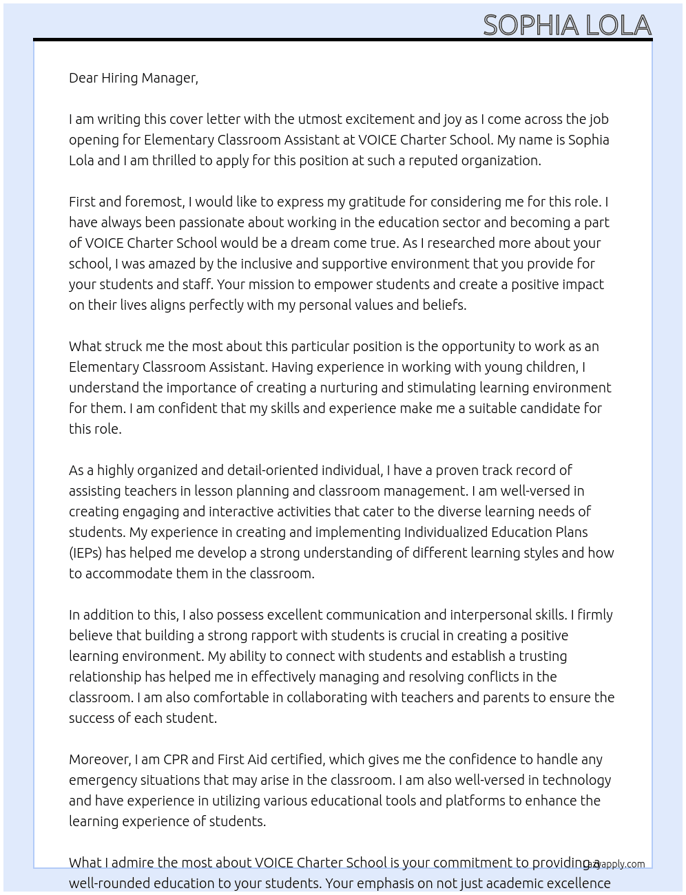 Elementary Classroom Assistant At VOICE Charter School Cover Letter