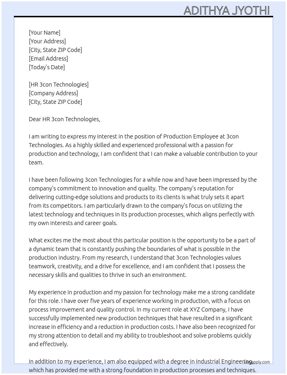 Production employe At 3con technologies  Cover Letter