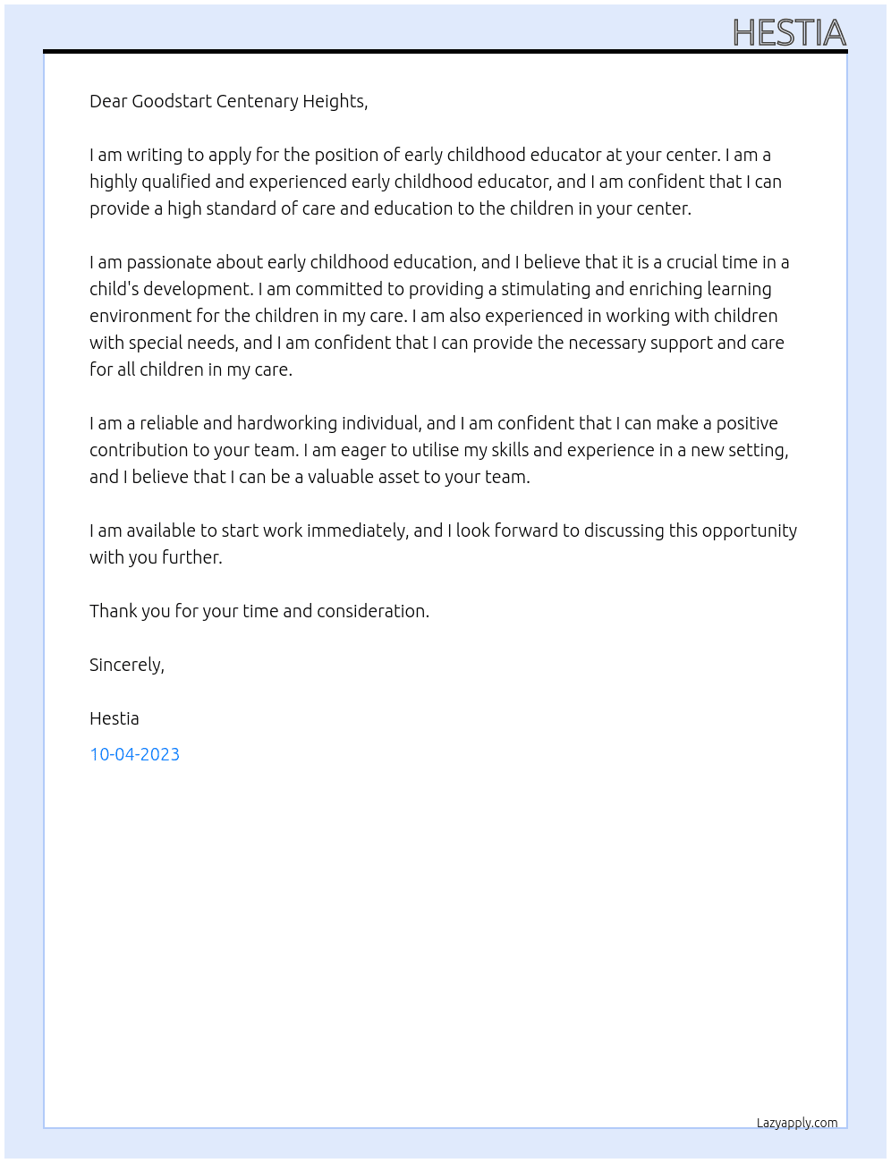early childhood Educator At Goodstart Centenary Heights Cover Letter