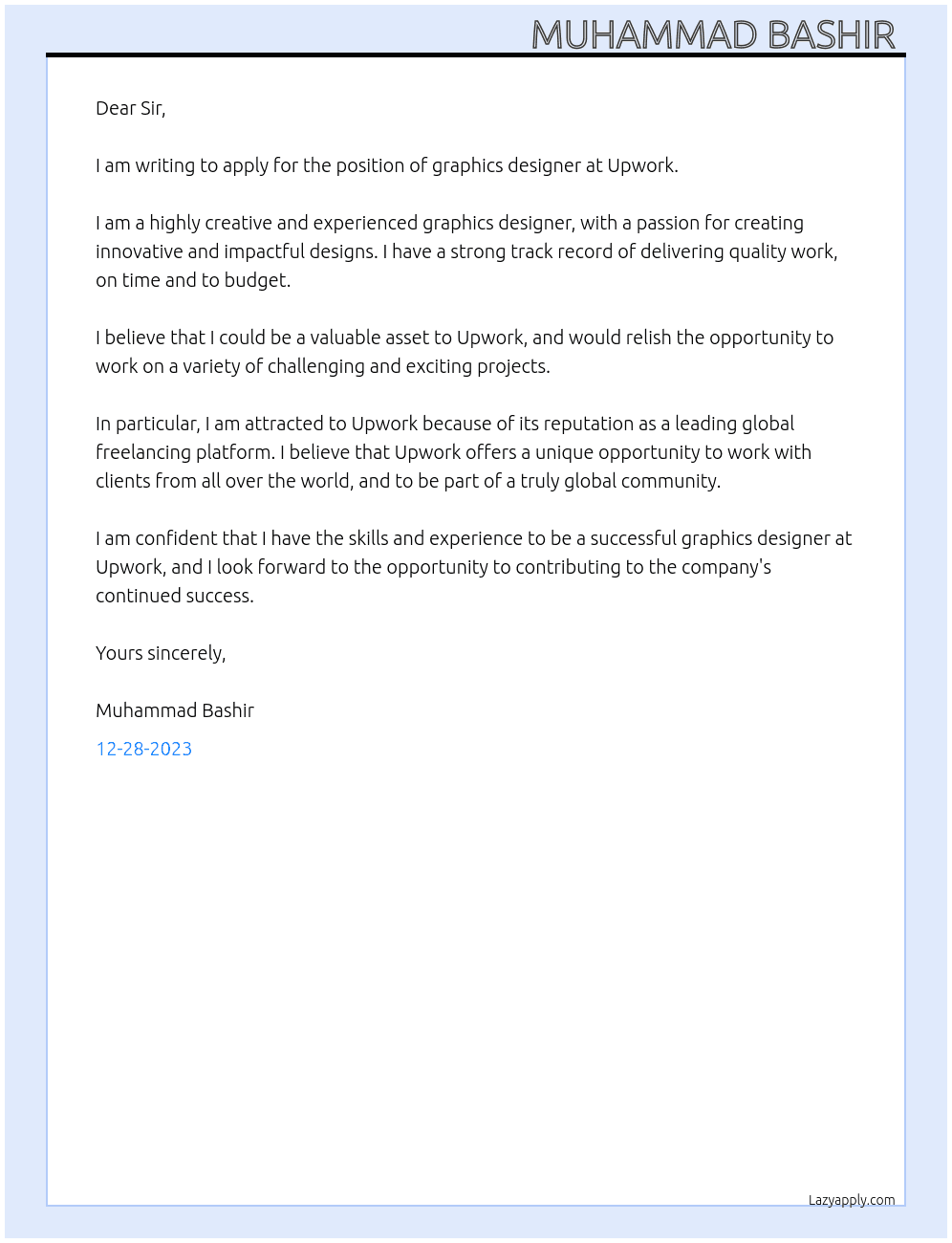 Graphics designer  At Upwork  Cover Letter