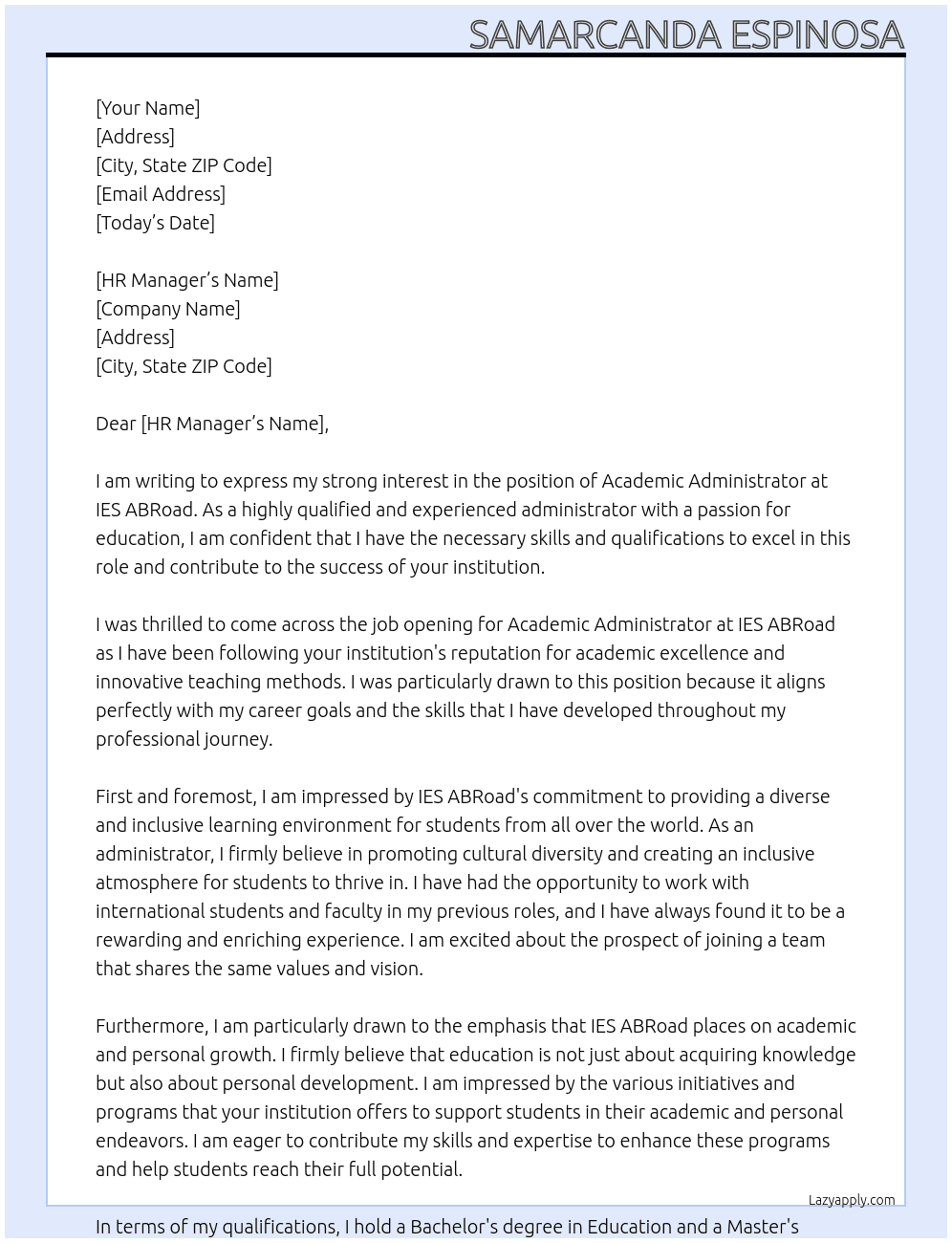 Academic Administrator At IES ABRoad Cover Letter