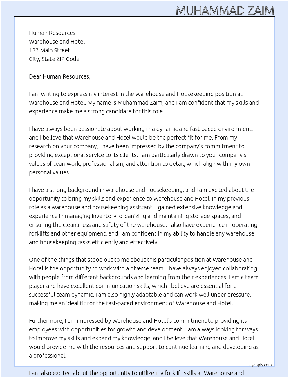 Warehouse and housekeeping At Warehouse and hotel Cover Letter