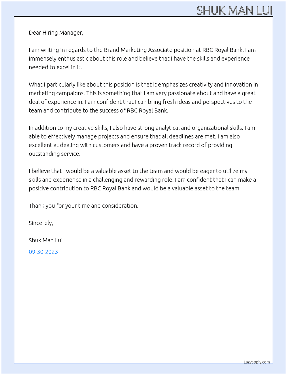 Brand Marketing Associate At RBC Royal Bank Cover Letter