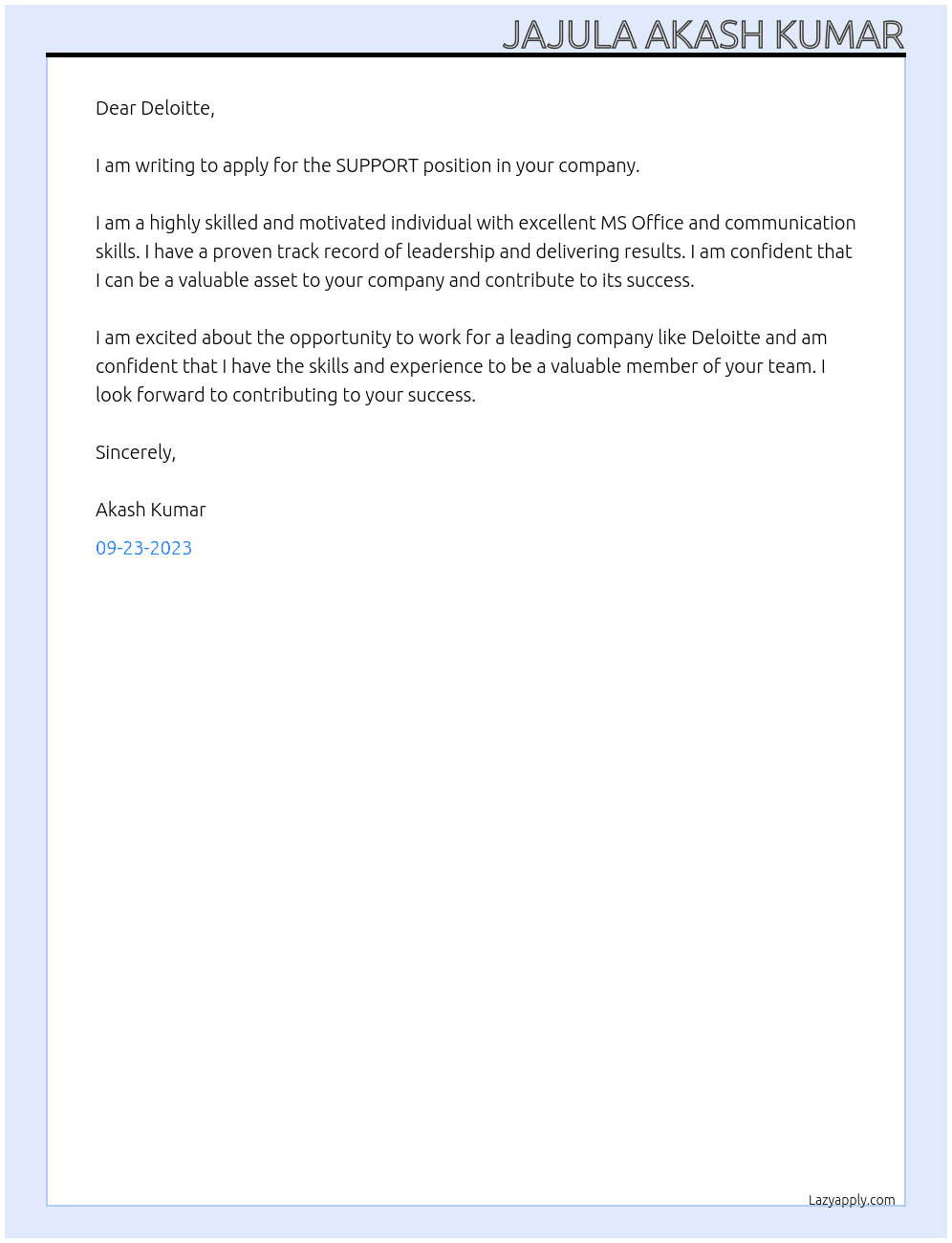 SUPPORT At DELOITTE Cover Letter