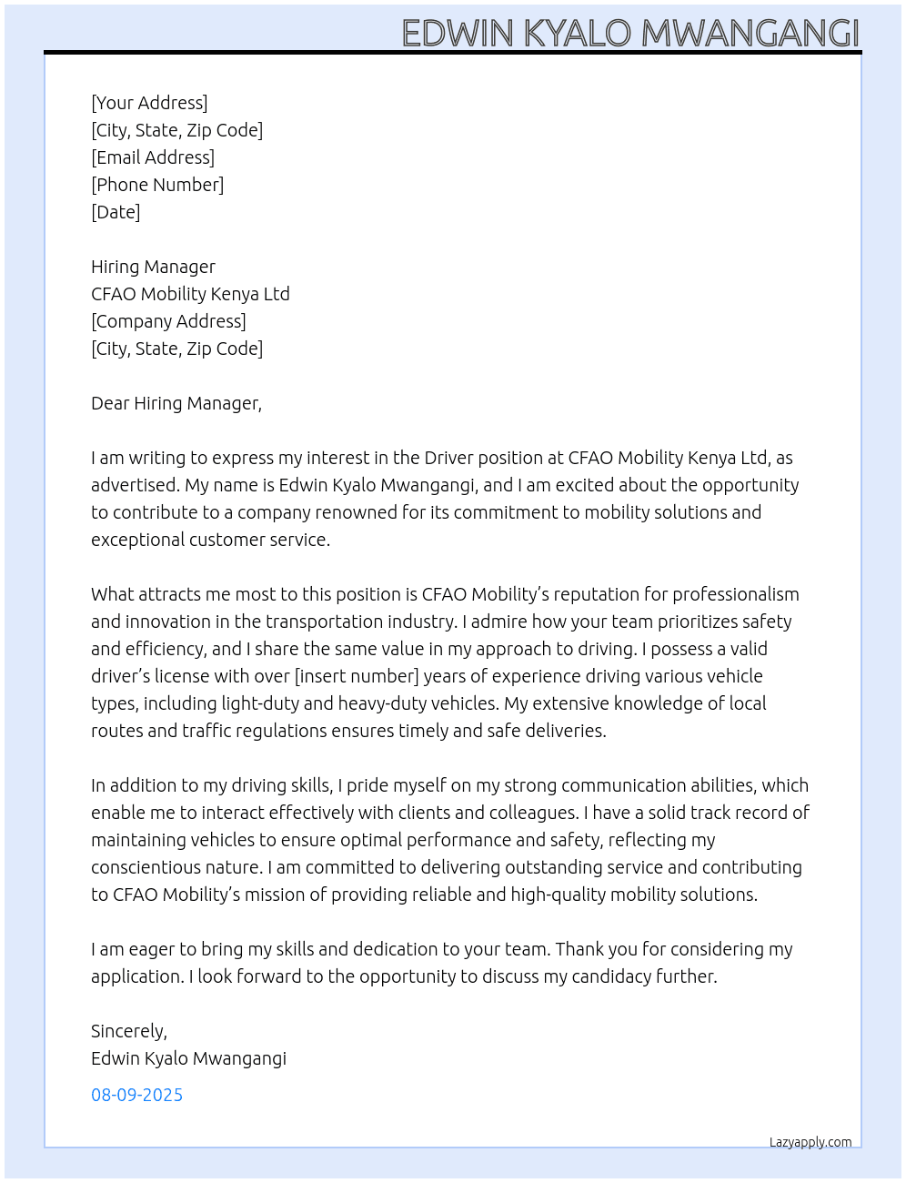 Driver  At CFAO Mobility Kenya Ltd  Cover Letter