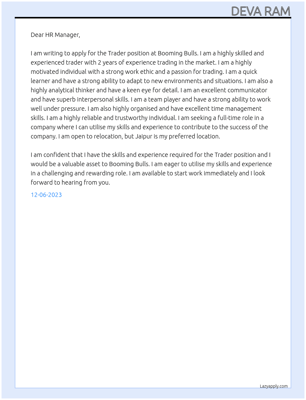 Trader At Booming bulls Cover Letter