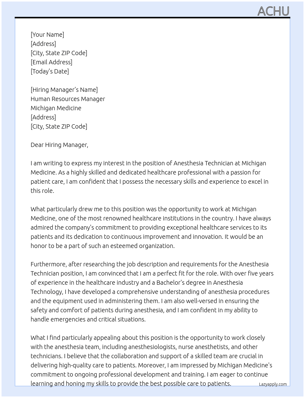 anesthesia technician At MICHIGAN MEDICINE Cover Letter