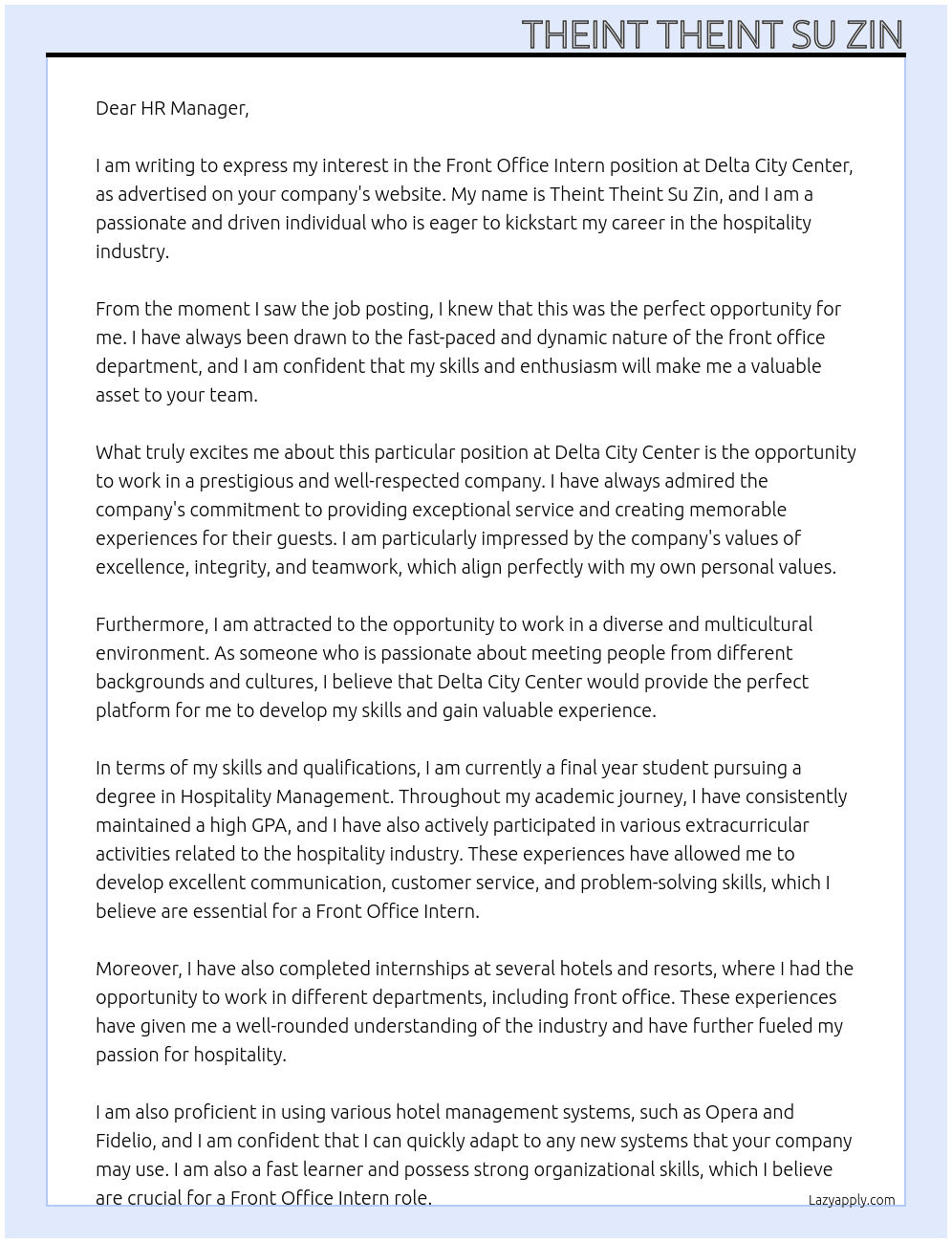 Front office intern At Delta City Center Cover Letter