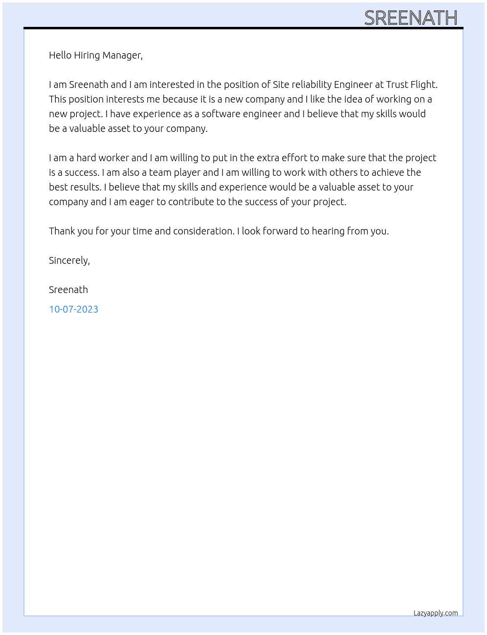 Site reliability Engineer  At Trust Flight Cover Letter
