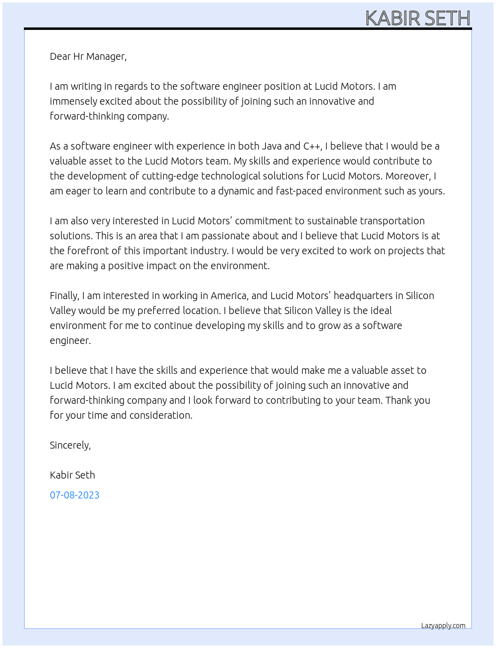 Software Engineer At Lucid Motors Cover Letter