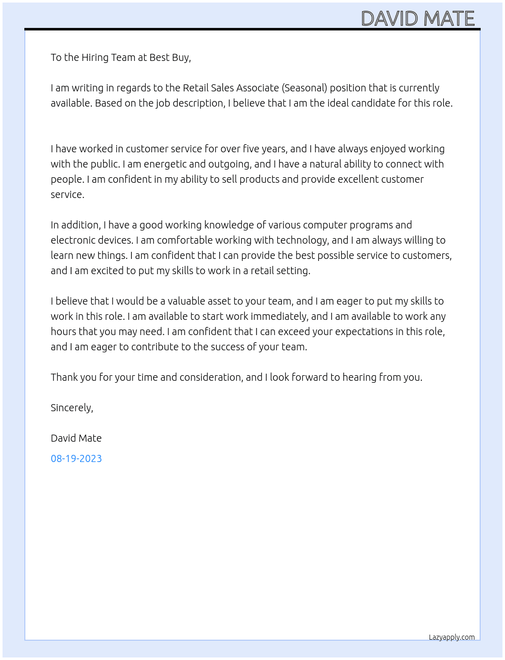 Retail Sales Associate (Seasonal) At Best Buy Cover Letter