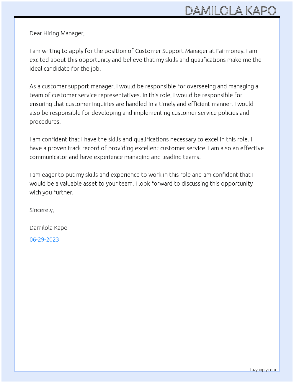 Customer Support Manager  At Fairmoney Cover Letter