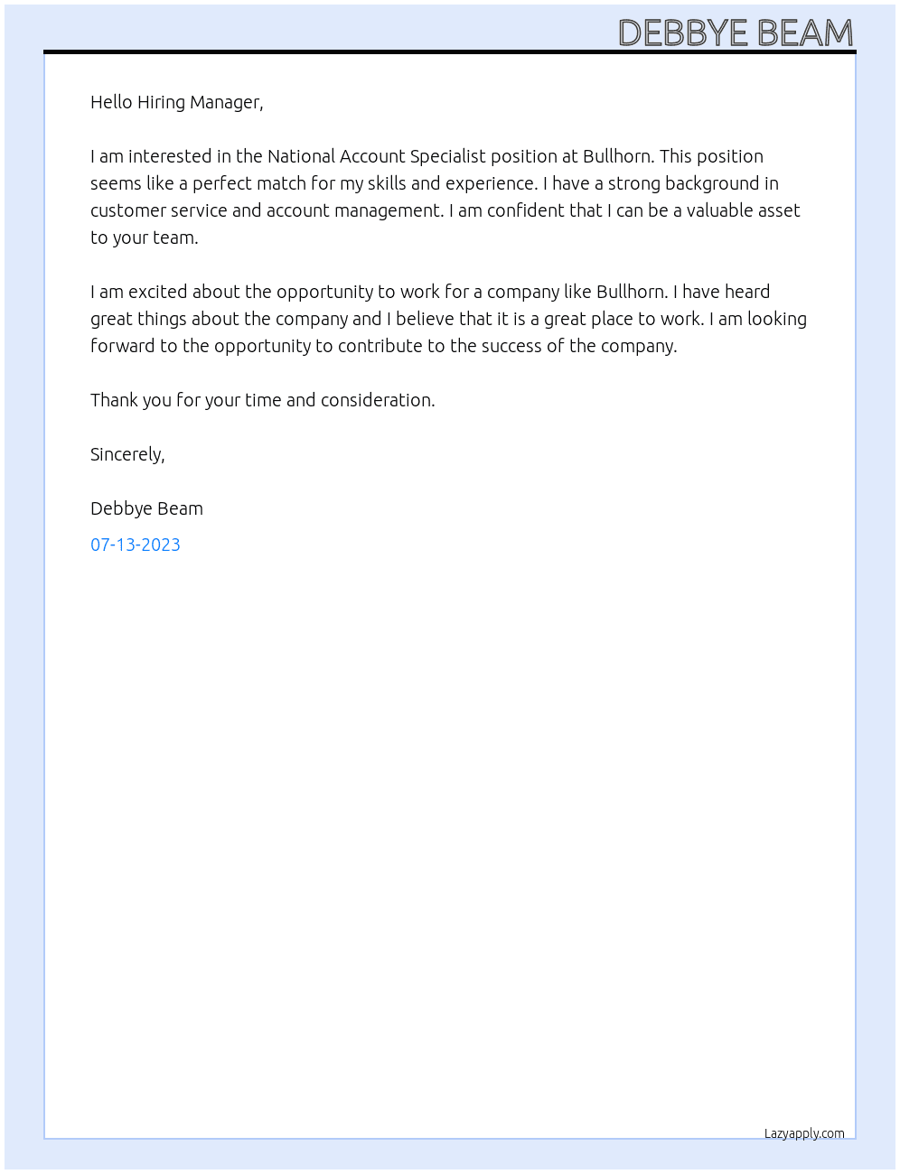 National Account Specialist  At Bullhorn Cover Letter